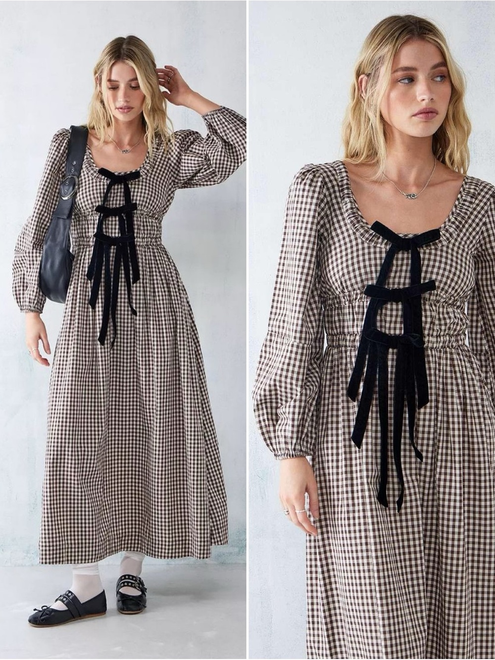 Damson Madder Dakota Bow Gingham Midi Dress Brown Check Size 6